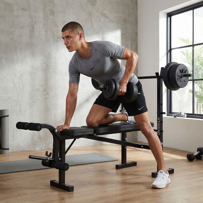 Posilovací lavice XTREXO BenchFit Lite se stojanem a činkou black 4