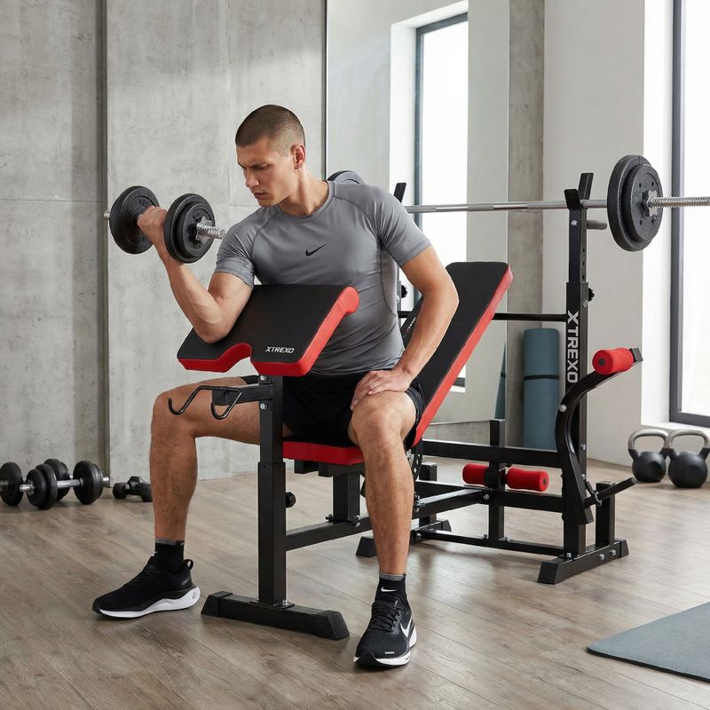 Posilovací lavice XTREXO BenchFit Max se stojanem a bicepsovým pultem black 7